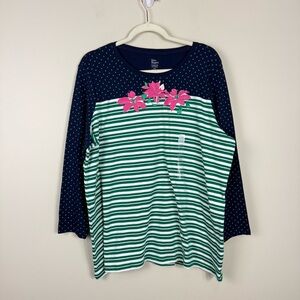 Kim Rogers Top Womens XXL Floral Pink White Green Stripes Polka Dot Shirt Easter